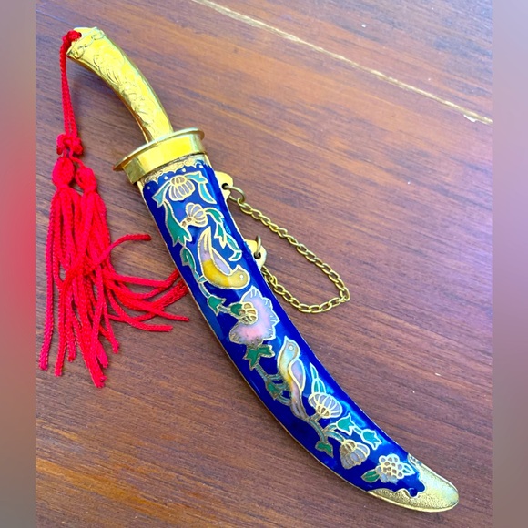 Decorative Cloisonne Sword Letter Opener Gold Plated with Red Tassel - Picture 3 of 9